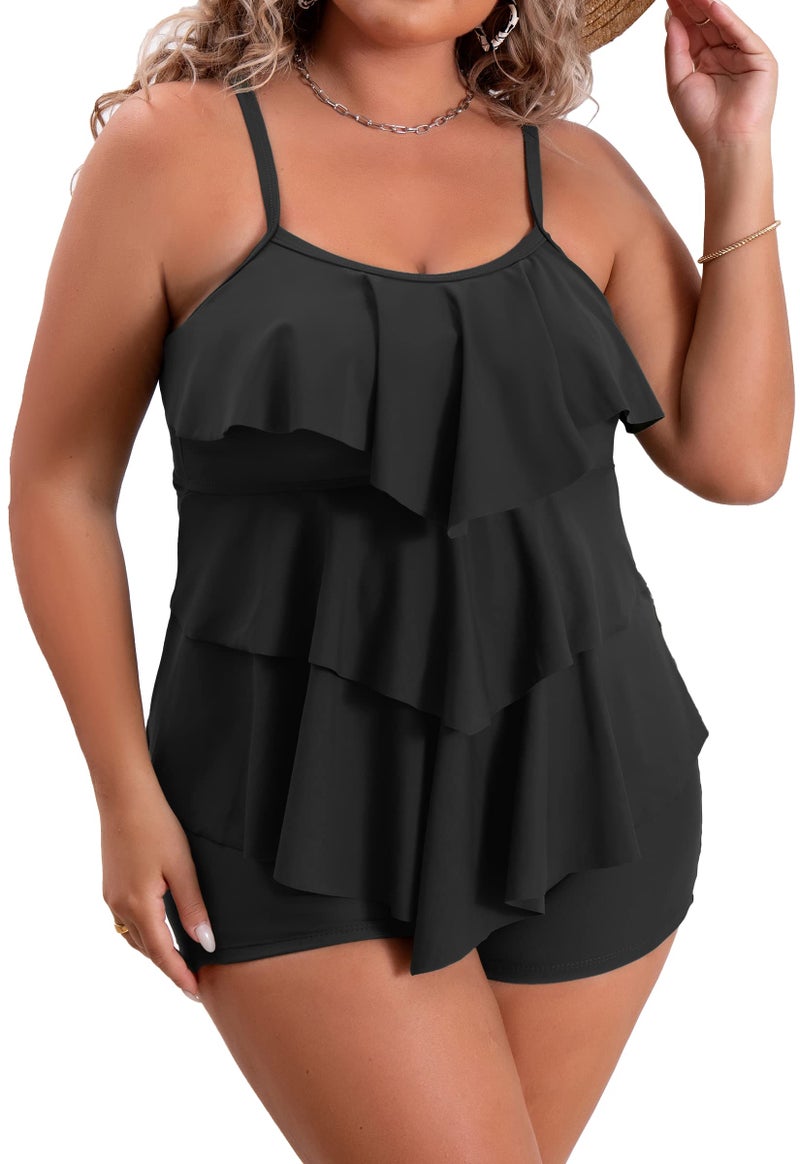 B2prity Women Plus Size Tankini Swimsuits Tummy Control Two Piece Bathing Suit Ruffled Flounce Swimwear with Shorts Black - Image 1